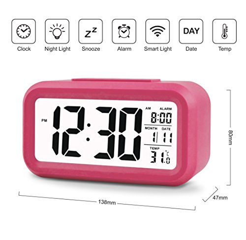 Konigswerk 5.3″ Smart, Simple and Silent LCD Digital Alarm Clock w / Date Display, Repeating Snooze and Sensor Light + Night Light (Pink) - 2