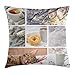 Produktbild Winter Throw Pillow Cushion Cover, Snowy Morning with Sleeping Cat Coffee Donuts ICY Tree Branch Comfort Collage Art, Decorative Square Accent Pillow Case, 18 X 18 inches, Multicolor