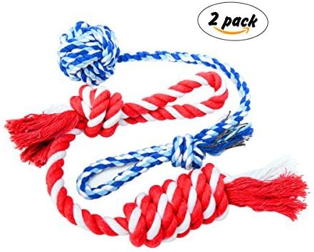 Dog Tug Toy of Cotton Dental Chew knotted Rope with Handle 2-Pack - Red and Blue