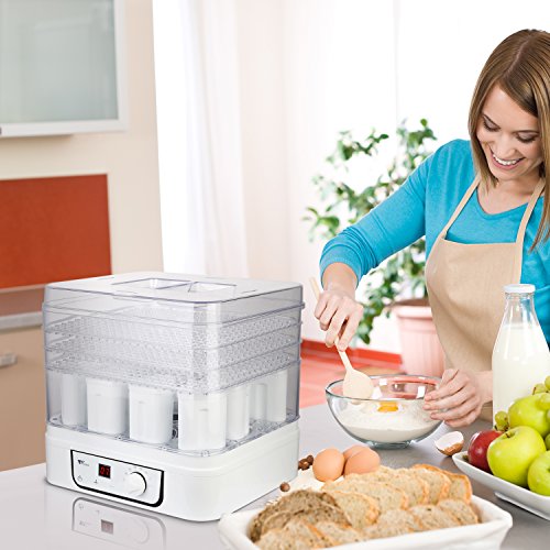 Amzdeal Dörrgerät 2 in 1 Dörrautomat mit Temperaturregler 35 -70℃ mit Timer bis 72 Stunden mit 3 Etagen Dehydratation und 1 Etagen für Joghurt mit 12 Tassen - 6