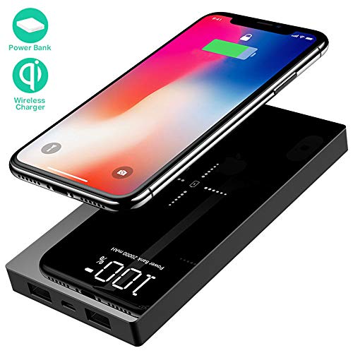 Yizer Innovador Power Bank de 20000mAh, Cargador Inalámbrico Rápido, Elegante batería Externa portátil con 2 Puertos de Carga y Pantalla LED Digital. Compatible con Carga inalámbrica Qi