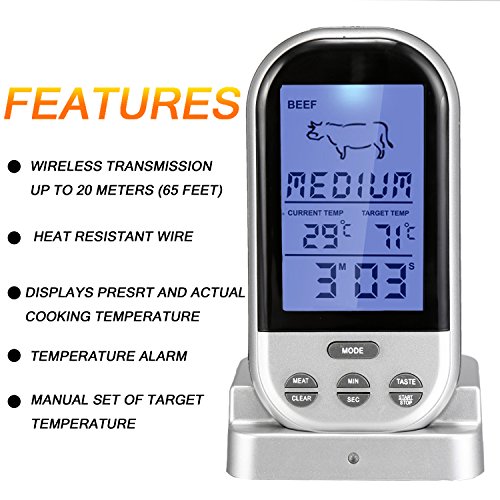Homdox Wireless Bratenthermometer Digital, Zeitmesser Voreingestellten, Grillthermometer Fleischthermometer für Kochen BBQ Grill Steak Braten Barbecue Lebensmittel Großes LCD-Display Silber - 4