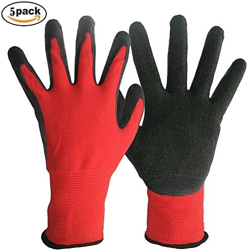 5 Pairs Work Gloves.TOOHXL Stretchy Nylon Knit Rubber Coated Anti-Slip Abrasion Resistant Full Fingered Labor Gloves for Gardening, Builders, Mechanic - Men and Women General