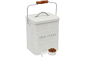 ZoeQide Recipiente para comida para perro de metal, 5 LB, hermético, con tapa, mango de madera y cuchara, recipiente para comida seca, aperitivos, galletas para perros, vintage