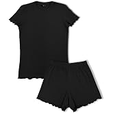 HNX UNDERWEAR Siyah Pamuklu Fitilli Kısa Kollu Tiş&ouml;rt ve Şort Kadın Pijama Takımı Siyah 2XL hnxNM8370