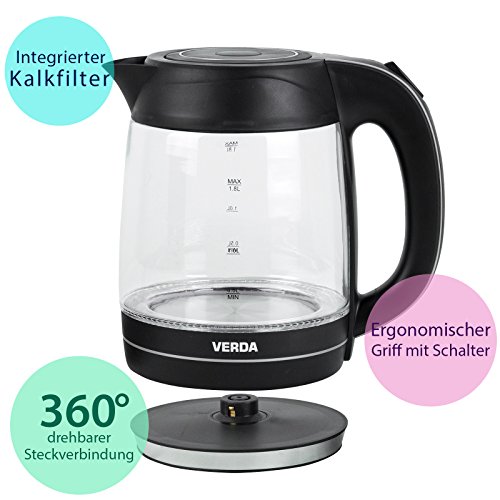 VERDA Wasserkocher 1,8L 2200W Kalkfilter LED BELEUCHTUNG Kabelloss Glas SN0618L2 - 2