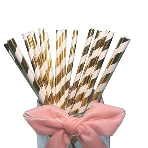 Bofa - Pajitas de papel, diseño de rayas doradas brillantes, 19,7 cm (100 unidades)