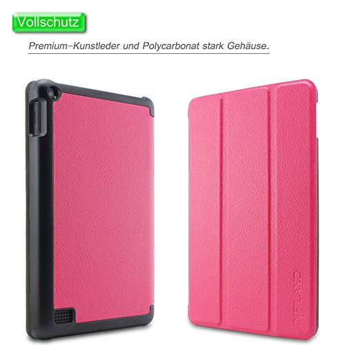 Fire 7 Zoll 2015 Hülle Case, Infiland Fire 7 Zoll Huelle Ultra Dünn Tri-Fold Muschel PU Leder Ultra Schlank Superleicht Ständer Shell Cover Schutzhülle Etui Tasche für Amazon Fire 7 Zoll 2015 (7-Zoll-Tablet, 5. Generation – 2015 Modell)(Magenta) - 2