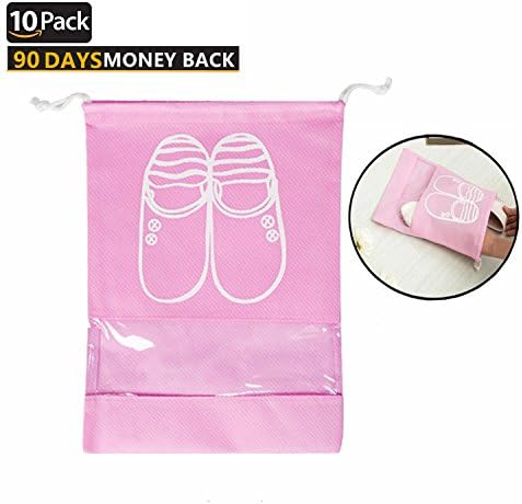 Travel Shoe Bags,10 Pack Waterproof Dust-proof Shoe Storage Bags with Drawstring &amp; Transparent Window for Boots &amp; High Heel.Women Men Shoes Organizer Bags Space-saving, L / 44 x 33cm,Pink