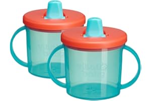 Vital Baby Free Flow Cup with Non-Spill Travel Spout, Easy Grip Handles & 200ml Capacity - Perfect for Learning Sipping & Staying Hydrated - 4m+ Babies & Toddlers - Blue & Coral 2pk
