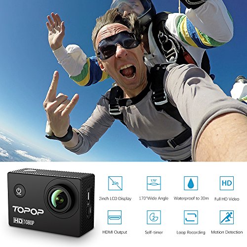 TOPOP Action Kamera 12MP Full HD 1080p Sports Kamera 2.0 Zoll LCD Display 170 Grad Weitwinkel Fisheye Linse 30m Tiefe wasserdicht Helmkamera mit Zubehör Kits - 3