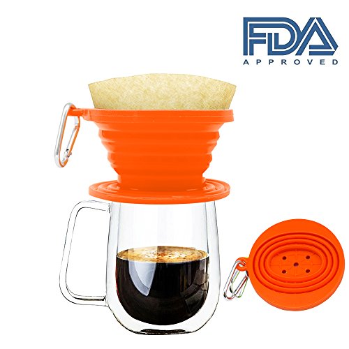 JSS Faltbarer Kaffeefilter aus Silikon, lebensmittelecht, perfekt für Draußen und für Unterwegs mit gratis Haken Einheitsgröße orange