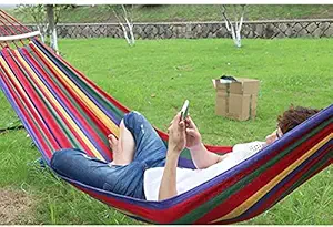 REMANG Foldable Hammock Camping Prevent Rollover Hanging Swing Bed RED Rainbow Color with Wooden Stick (for Single Person) / Hanging Bed for Camping & Portable Outdoor Activities