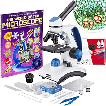 AmScope M162C-2L-PB10-WM-SP14-50P100S 40X-1000X Beginners Microscope Kit for Kids & Students Complete Science Accessory Kit + World of The Microscope Book