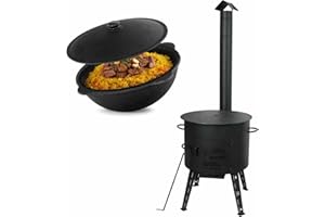 4BIG.FUN Utschak Ø40 Uchag 2mm stahl Eintopfofen mit Schornstein Abzugsrohr Utschag Campingofen 12 L Kazan rund Kasan Feuerstelle Feldküche Außenküche Ofen Grill Gulaschkanone Gusseisentopf Feuerofen