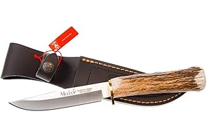 Muela Cuchillo GREDOS GRED-12A hoja de acero ACX-380 de 12 cm y empuñadura de asta de ciervo para Caza, Pesca, Supervivencia y Bushcraft Realizado en Ciudad Real + Portabotellas de regalo
