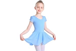 Monbessi Ballet Leotard for Girls Short Sleeve Cross Straps Ballet Dress Kids Cotton Ballet Outfit Gymnastics Leotard with Chiffon Skirt Suit for 2-11 Years