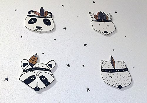 Wanddekoration in 3D für das Kinderzimmer – *** NEUHEIT*** 4er-Set mit 3D-Effekt -Süße schwarz-weiße Indianer Tierköpfe in TOP Qualität auf 10mm starken Platten – MADE IN GERMANY - 6