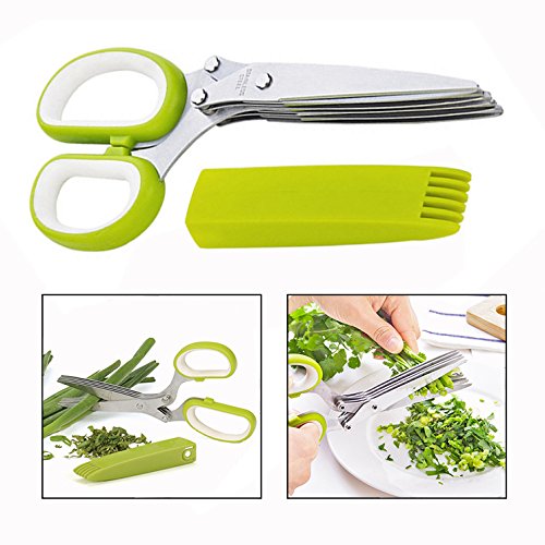 Preisvergleich Produktbild Itian Edelstahl Kräuterschere mit Reinigungs Kämmchen und 5 Klingen,Multifunktion Küchenschere (Grün)