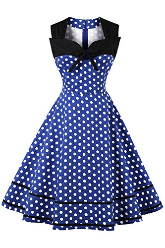 MisShow Robe Femme Eté Vintage Rockabilly Pin up Stretch années 20s 70s à Pois Décontractée Robe de Gala Vintage Elégante Swing en Coton Bleu 2XL