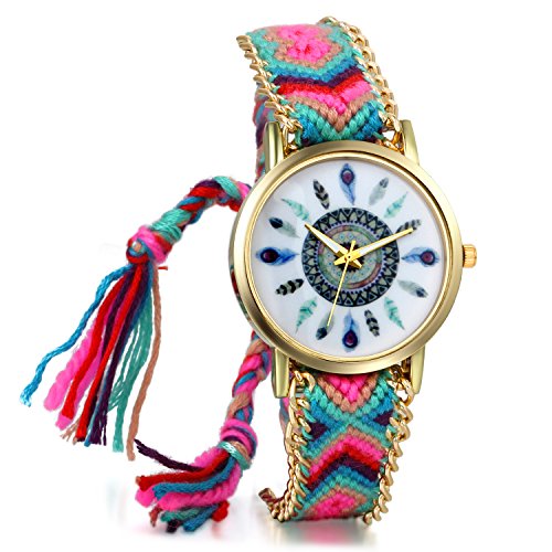 JewelryWe Damen Geflochten Armbunduhr,Jugendliche Mädchen Armreif Uhr, Vintage Indianerstämme Zifferblatt, Einstellbar Quarzuhr, Mehrfarbig