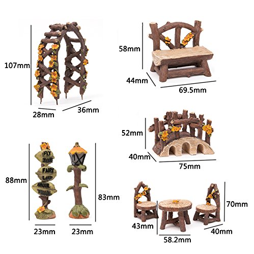 Fortag Miniatur Woodland Outdoor Fairy Garten Kollektion Möbel mit 2x Hocker / Stuhl / Tisch / hölzerne Tür Arch / Straßenschilder / Straßenlaternen / Brücke Set von 8 Stück Hand-painted Kit - 9