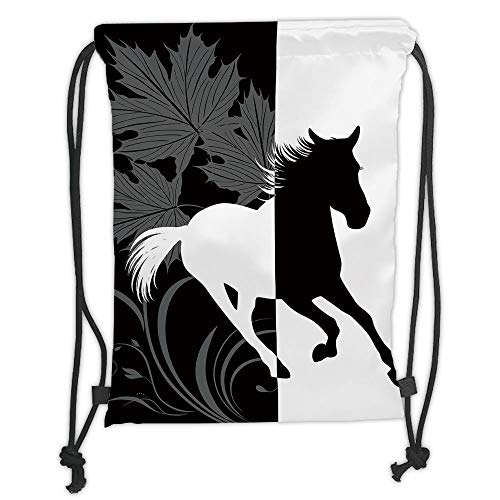 ZiJface Drawstring Backpacks Bags,Horse Decor,Silhouette of Mustang in Monochrome Abstract Framework Maple Leaves Sprigs Decorative,Black and White Soft Satin,5 Liter Capacity,Adjustable S