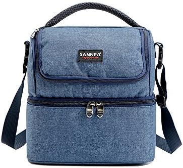 Rieovo 7L Double Decker Cooler Lunch Bags Insulated Solid Thermal Lunchbox Food Picnic Bag Cooler Tote Handbags for Men Women (Blue 7L)