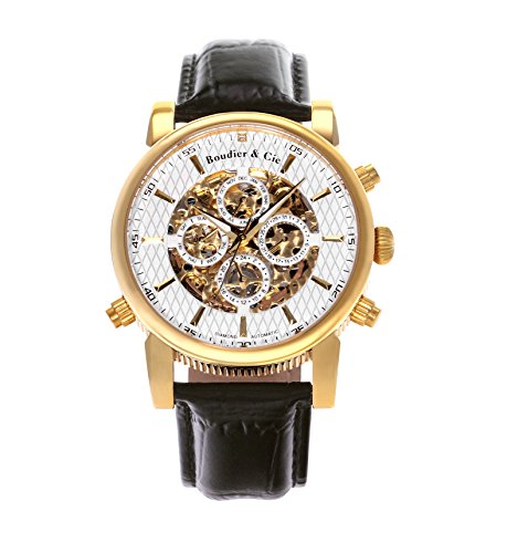 Automatik Armbanduhr von Boudier & Cie fr Mnner mit einem echten Diamanten mit Weiem Zifferblatt Analoger Anzeige und Schwarzem Armband aus Leder SK14H055