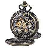 Montre de poche Mécanique Double Hunter Main-vent Bronze Roman Numérique Avec Chaîne Antique SIBOSUN + Boîte cadeau