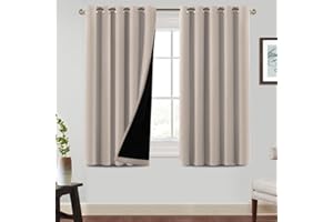 BellaHills 100% Blackout Curtains for Bedroom Thermal Insulated Blackout Curtain Heat and Full Light Blocking Eyelet Curtains for Living Room with Black Liner 2 Panels, 66 x 54 Inch, Natural Sand