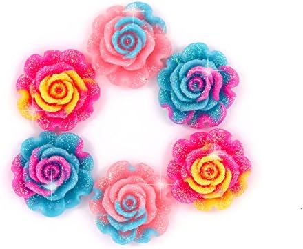 6 x Cute Rainbow Sparkle Rose Flower Flat Back Cabochons Craft Decoden Kawaii