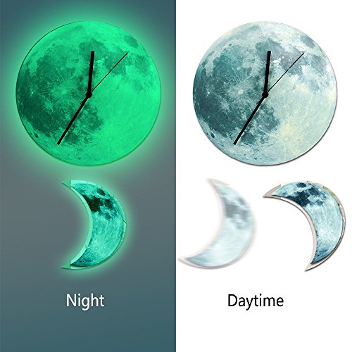 HYSENM Mond leuchtende ruhige nicht-tickende lautlose Pendeluhr Wanduhr mit Pendel im Dunkel leuchtend geeignet für Kinderzimmer Schlafzimmer aus Acryl, Durchmesser 30cm Mondsichel mit Druck