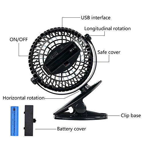 TTMOW USB angetriebener Klipp-Ventilator, beweglicher Schreibtisch-Ventilator, ruhiger Betrieb Kühlventilator für Hauptbüro, mit 1800mah 18650 nachladbare Batterie, Schwarz - 4