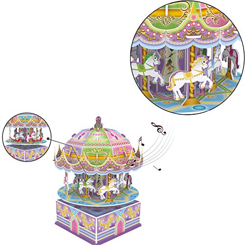 3D Whirligig Jigsaw Puzzles for Children, Carousel Horse Puzzle with Music DIY Building Model Early Learning Educational Toys Brain Teasers Kids Girls Toys Birthday Gift-29 Pcs