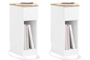 SoBuy Set de 2 Mesita de noche delgada con estación de carga, mesa auxiliar delgada con enchufe estándar, puerto USB y puerto tipo C para dormitorio y sala de estar, blanco, 20x33x60 cm, FBT111-E-WNx2