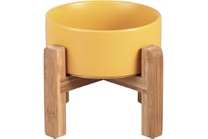 HCHLQLZ Jaune Hauteur Porte-gamelle Surélevée Pet Gamelles pour Chien et Chat Gamelles Chien Chat Céramique avec Bambou Support en Bois
