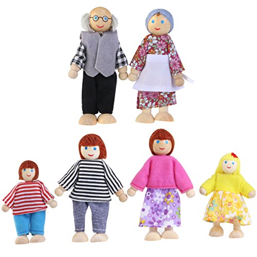 NUOLUX Famiglia bambole del fumetto giocattoli di legno burattino per bambini giocare casa regalo 6pcs(Random color)