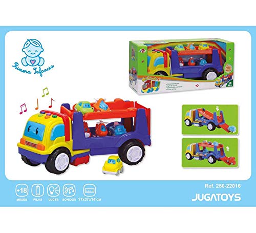 Jugatoys Camion Portacoches con Luz, Sonidos y 6 Vehiculos 37X14X17 cm Pilas 2 X 1,5V AA