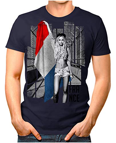 OM3® – France-Soccer-Girl – Herren T-Shirt EM 2020 Fußball Trikot Sexy Frau Frankreich Vintage Navy 4XL