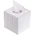 BTSKY PU Leather Cube Tissue Box Holder - Household Office Tissue Cover Case Paper Holder Napkin Holder Desk Organizer (White Cube)