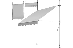 tectake Garden Patio Retractable Awning, Manual with Hand crank, Sun shade Canopy with UV and Rain Resistance, Clamp System with No Drilling Required - light grey