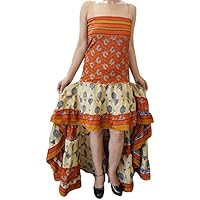 Boho Chic Designs Womens Hi Low Dress Recycled Silk Printed Strapless Swirling Long Summer Beach Party Dresses Medium/Large (Red)