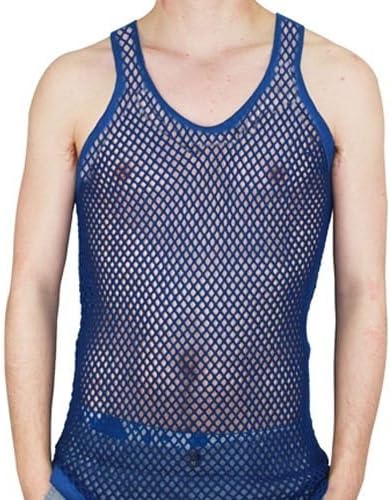 ml MassAri Limited MENS STRING MESH VEST SLEEVELESS FITTED 100% COTTON GYM TRAINING TANK TOP T SHIRT FISH NET (Royal Blue, Medium)