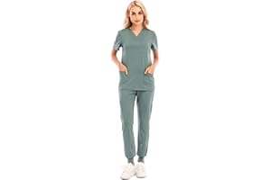 VEMOW Uniformes Damen con Camiseta y Pantalones, Camisetas de Manga Corta para Mujer, Tops de Mujer Uniforme Color Sólido de Trabajo Uniforme Camisetas, Uniforme Blusa de Trabajo