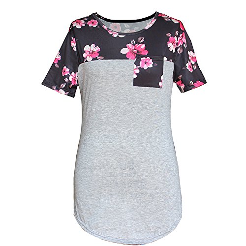 Damen T-Shirt!Sannysis Damen Blumen Spleißen Drucken Tasche Rundhals T-Shirt (M, Grau2) - 5