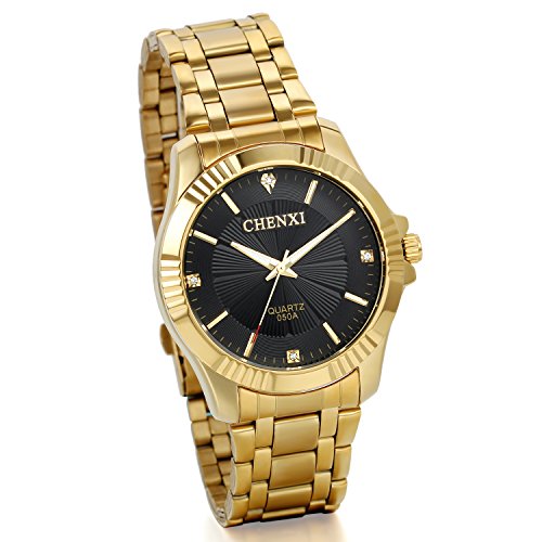 JewelryWe Herren Armbanduhr Analog Quarz Elegent Luxus Business Uhr mit Gold Edelstal Armband und Schwarz Strass Zifferblatt