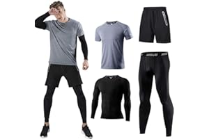 HOLURE Men's Sports Running Set (4 or 5 Pack), Athletic Shirt + Shorts/Compression Shirt + Trousers with Coat, Tracksuit, Leotards