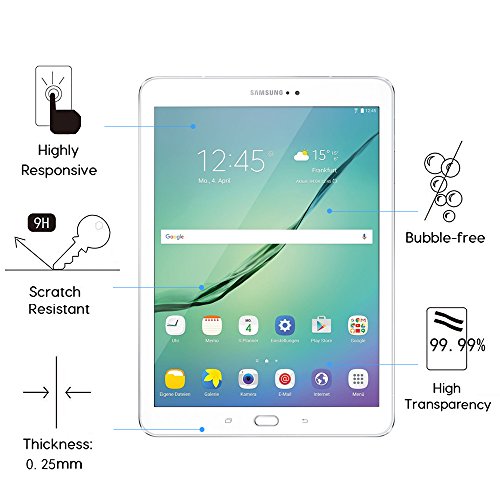 Samsung Galaxy Tab S2 S3 9.7 Displayschutzfolie, Rusee [0.3mm 2.5D 9H Härtegrad] Panzerglasfolie Hartglas Schutzfolie Gehärtetem Glas Schutzfolie Panzerglas Displayschutz für Samsung Galaxy Tab S2 S3 9.7 Zoll (SM-T810 / SM-T815 / T820) – [Kratzfest][Hohe Transparenz] [Fingerabdruck-frei][Blasenfrei]-Lebenslange Garantie - 2