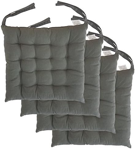 Cottone 100% Cotton Chair Pads w/Ties (Set of 4) | 16” x 16” Square | Extra-Comfortable &amp; Soft Seat Cushions | Ergonomic Pillows for Rocking, Dining, Patio, Camping, Kitchen Chairs &amp; More (Grey)